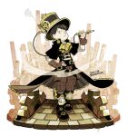  1boy alternate_costume ascot atsushi_(osomatsu-san) brown_gloves brown_hair cape capelet expressionless garara382 gears gloves hat holding holding_smoking_pipe industrial_pipe looking_at_viewer looking_down male_focus osomatsu-kun smoking_pipe steampunk top_hat victorian yellow_ascot 