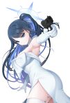  1girl bare_shoulders black_hair blue_archive blue_eyes breasts commentary_request dress earrings gun halo highres jewelry koflif large_breasts long_hair looking_at_viewer ponytail saori_(blue_archive) saori_(dress)_(blue_archive) solo weapon white_dress 