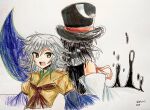  2others androgynous ascot black_headwear black_shirt brown_ascot chinese_commentary colored_pencil_(medium) commentary_request detached_sleeves enraku_tsubakura grey_eyes grey_hair guhai2023 hat highres houlen_yabusame ink jacket layered_sleeves len&#039;en long_sleeves medium_hair multiple_others neck_ribbon other_focus puffy_short_sleeves puffy_sleeves red_ribbon ribbon shirt short_over_long_sleeves short_sleeves sketch sleeveless sleeveless_shirt traditional_media white_background white_sleeves yellow_jacket 