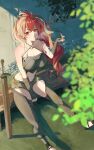  1girl ahoge bare_shoulders blush breasts clothing_cutout eris_greyrat hair_between_eyes highres large_breasts long_hair looking_at_viewer mushoku_tensei navel outdoors ponytail red_eyes red_hair saico_isshin sitting solo sword thigh_cutout very_long_hair weapon window wooden_sword 
