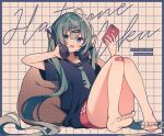 1girl :3 alternate_costume amagi_hana bandaid bandaid_on_knee bandaid_on_leg bare_legs barefoot bean_bag_chair blue_shorts border cellphone character_name commentary_request green_eyes green_hair grid_background hair_ornament hairclip hatsune_miku headphones highres holding holding_phone long_hair looking_at_viewer nail_polish necktie_print open_mouth phone red_shorts short_sleeves shorts smile solo toenail_polish toenails twintails very_long_hair vocaloid 