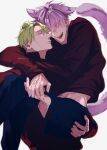  2boys animal_ears blonde_hair blurry cat_boy cat_ears cat_tail closed_eyes closed_mouth depth_of_field gojou_satoru hair_between_eyes hand_on_another&#039;s_ass highres holding_hands hug jujutsu_kaisen long_sleeves looking_at_another male_focus multiple_boys nanami_kento nekonii open_mouth red_shirt shirt short_hair simple_background smile tail twitter_username watermark white_background yaoi 