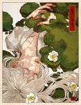  1boy absurdres border closed_eyes closed_mouth dappled_sunlight fingernails flower growing_out_of_body hair_spread_out highres kagoya1219 long_hair lying male_focus moss on_back original shirt signature solo sunlight white_flower white_hair white_shirt 