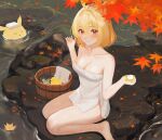  1girl animal_ears autumn_leaves barefoot blonde_hair blush breasts bucket closed_mouth collarbone crossed_bangs feet full_body hair_between_eyes hair_intakes holding indie_virtual_youtuber large_breasts legs mole naked_towel onsen red_eyes rock shino_(shinotsuki3423) sitting smile solo thighs toes towel wooden_bucket 