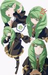  1girl drill_hair fire_emblem fire_emblem:_three_houses flayn_(fire_emblem) garreg_mach_monastery_uniform green_eyes green_hair hair_ornament hairclip highres pointy_ears seteth_(fire_emblem) speech_bubble twin_drills uniform zv6dllrzu725132 