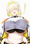  1girl :3 absurdres ahoge blonde_hair breasts clothing_cutout commentary_request cropped_jacket elegg_(nikke) eyes_visible_through_hair fang goddess_of_victory:_nikke hair_intakes hair_over_eyes highres kyouno_komatsu large_breasts light_blush long_bangs long_sleeves looking_at_viewer navel open_mouth shoulder_cutout simple_background solo translation_request upper_body white_background 