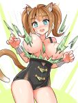  1girl animal_ears aqua_eyes black_leotard blush breasts brown_hair cat_ears cat_girl cat_tail commentary cougar_(cougar1404) cowboy_shot exploding_clothes frown green_shirt large_breasts leotard looking_at_viewer medium_hair megu_(cougar1404) motion_blur open_mouth original shirt sleeveless solo standing sweatdrop tail torn_clothes twintails wardrobe_malfunction wrist_cuffs 
