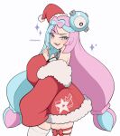  1girl absurdres artist_name bare_shoulders blue_hair bow-shaped_hair character_hair_ornament cremanata detached_sleeves dress fur_trim hair_ornament highres iono_(pokemon) long_hair looking_at_viewer multicolored_hair pink_eyes pink_hair pokemon pokemon_sv santa_dress sharp_teeth simple_background single_thighhigh sleeves_past_fingers sleeves_past_wrists smile solo teeth thighhighs twintails two-tone_hair upper_teeth_only very_long_hair white_background 