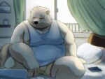 2024 anthro band-aid bandage bear bed belly big_belly bulge cellphone clothing electronics furniture hi_res kemono male mammal metaporin moobs nipples overweight overweight_male phone pillow polar_bear shirt sitting smartphone solo topwear underwear ursine