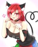  1girl animal_ears bangs bare_shoulders black_choker blush breasts cat_ears choker cleavage clothes_writing collarbone commentary_request extra_ears eyebrows_visible_through_hair fang fingernails hanging_breasts hecatia_lapislazuli highres kemonomimi_mode large_breasts leaning_forward long_fingernails long_hair looking_at_viewer musteflott419 no_headwear off-shoulder_shirt off_shoulder paw_pose red_eyes red_hair shirt skirt swept_bangs tail touhou upper_body 