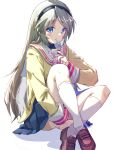  1girl :o akayama_yukihe black_hairband blazer blue_eyes blue_skirt blush brown_footwear clannad commentary_request crossed_legs foot_out_of_frame grey_hair hairband highres hikarizaka_private_high_school_uniform holding_carton hugging_own_legs jacket kneehighs loafers long_hair looking_at_viewer miniskirt open_mouth panties panty_peek parted_bangs pleated_skirt sailor_collar sakagami_tomoyo school_uniform shoes sidelighting simple_background sitting skirt sleeves_past_wrists socks solo underwear very_long_hair white_background white_panties white_sailor_collar white_socks yellow_jacket 