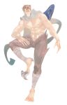  1boy abs absurdres bara bird_legs brown_hair claws closed_eyes facial_mark feathered_wings feet_up full_body highres male_focus mature_male monster_boy muscular muscular_male original pupuddddy scarf short_hair simple_background solo topless_male white_background wings 