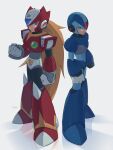  2boys android arm_cannon armor artist_name blonde_hair blue_eyes boots clenched_hand forehead_jewel green_eyes helmet highres long_hair mega_man_(series) mega_man_x_(series) multiple_boys reflection robot shoulder_armor simple_background vani_(hisha_04) weapon white_background x_(mega_man) zero_(mega_man) 