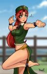  1girl barefoot blue_eyes bow braid fighting_stance full_body green_skirt hong_meiling long_hair muscular muscular_female nail_polish no_shoes non-web_source red_hair skirt staring thick_thighs thighs touhou twin_braids 