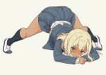  1girl blonde_hair blue_eyes blush cardigan daipunch dark_skin embarrassed full_body gyaru hands_on_ground highres jack-o&#039;_challenge legs_apart looking_at_viewer meme original school_uniform shoes skirt socks solo spread_legs tan thighs top-down_bottom-up white_background wide_spread_legs 