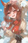  1girl ;d animal_ears black_skirt blue_eyes blurry blurry_background breasts brown_coat brown_eyes brown_hair coat commentary_request day grey_eyes highres holding_snowball horse_ears horse_girl looking_at_viewer medium_hair multicolored_hair nice_nature_(umamusume) one_eye_closed open_mouth outdoors pulmo_(artist) red_scarf scarf skirt small_breasts smile snowball snowball_fight solo streaked_hair sweater teeth twintails umamusume upper_body upper_teeth_only white_sweater 