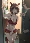  1boy 1girl :d ^_^ animal_ears bikini blush breasts briefcase brown_hair business_suit cabinet cleavage closed_eyes collarbone commentary_request cosplay covering_crotch covering_privates daiwa_scarlet_(trifle_vacation)_(umamusume) daiwa_scarlet_(umamusume) daiwa_scarlet_(umamusume)_(cosplay) entrance faceless faceless_male feet_out_of_frame frilled_bikini frills front-tie_bikini_top front-tie_top groin highres holding holding_briefcase horse_ears horse_girl horse_tail husband_and_wife inu_(aerodog) jewelry large_breasts navel necktie open_mouth original red_bikini ring shoes small_sweatdrop smile standing stuffed_horse suit swimsuit tail umamusume unworn_shoes wedding_ring 