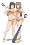  2girls absurdres animal_print bikini black_hair blush breasts brown_eyes brown_hair cleavage closed_mouth club_(weapon) fake_horns full_body girls_und_panzer hand_on_another&#039;s_waist highres horns huaronanago large_breasts long_hair looking_at_viewer multiple_girls navel nishizumi_shiho ponytail print_bikini setsubun shimada_chiyo simple_background smile swimsuit tiger_print tongue tongue_out weapon white_background 