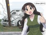  1girl airbag azumanga_daioh breasts brown_eyes brown_hair car car_crash collarbone commission crash dress drive_(movie) english_text grass green_dress highres long_hair long_sleeves looking_at_viewer medium_breasts mihama_chiyo&#039;s_father motor_vehicle open_mouth outdoors pie_(aipiepo) shirt solo sweat tanizaki_yukari thumbs_up torn_clothes utility_pole white_shirt 