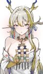  1girl :o absurdres arknights bare_shoulders blonde_hair blush breasts clothes_pull collarbone colored_skin dragon_girl dragon_horns earrings embarrassed eyes_visible_through_hair grey_eyes grey_hair grey_horns hair_between_eyes hair_intakes highres horns jacket jewelry large_breasts long_hair looking_at_viewer mango_(mgo) multicolored_hair necklace off_shoulder open_clothes open_jacket paid_reward_available parted_lips pointy_ears pulled_by_self purple_hair purple_horns shu_(arknights) single_sidelock sketch solo split_mouth strapless sweatdrop tube_top tube_top_pull upper_body white_background white_jacket white_tube_top yellow_horns 