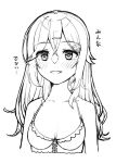  1girl bare_shoulders bikini blush breast_conscious breasts collarbone commentary cropped_torso crossed_bangs double-parted_bangs frilled_bikini frills hair_between_eyes hair_ornament hairclip halterneck kinoshita_kaede long_hair looking_at_viewer monochrome open_mouth sidelocks simple_background sketch small_breasts smile solo swimsuit tenshi_souzou_re-boot! tft_(tft7822) translated tsurime white_background 