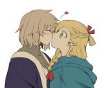  2girls blonde_hair blue_robe blush braid brown_hair closed_eyes commentary_request dungeon_meshi elf falin_thorden french_braid green_eyes hair_ribbon heart kiss marcille_donato multiple_girls pointy_ears red_ribbon ribbon robe short_hair simple_background single_braid upper_body white_background youyan yuri 