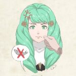  1girl anger_vein cheek_pinching disembodied_limb drill_hair fire_emblem fire_emblem:_three_houses fish flayn_(fire_emblem) garreg_mach_monastery_uniform green_eyes green_hair hair_ornament hairclip pinching speech_bubble tak0baka 