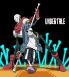  2boys ankle_boots arm_up black_background black_shorts blue_eyes blue_jacket bone boots brothers cape cel_shading commentary copyright_name full_body gloves glowing glowing_eye grin highres holding holding_bone hood hood_down hooded_jacket jacket kamezaemon leaning_to_the_side legs_apart looking_at_viewer male_focus multiple_boys open_clothes open_jacket papyrus_(undertale) pink_footwear red_cape red_footwear red_gloves sans shirt shorts siblings simple_background skeleton slippers smile socks torn_cape torn_clothes undertale walking white_shirt white_socks yellow_eyes zipper 