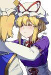  2girls blonde_hair breasts closed_mouth elbow_gloves english_text gloves hat highres incoming_kiss medium_breasts mob_cap multiple_girls onionmay short_hair short_sleeves sidelocks speech_bubble touhou white_gloves yakumo_ran yakumo_yukari 