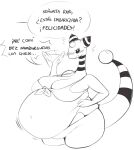 ampharos anthro belly big_belly big_breasts black_and_white black_eyes bloated blush breasts cleavage clothed clothing dwps female generation_2_pokemon hi_res long_tail monochrome navel nintendo offscreen_character overweight overweight_anthro overweight_female pokemon pokemon_(species) simple_background solo spanish_text speech_bubble tail text white_background