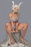  1girl animal_ear_fluff animal_ears arm_support bare_arms bare_legs bare_shoulders barefoot boku_no_hero_academia bra breasts cleavage closed_mouth commentary dark-skinned_female dark_skin feet full_body grey_background grey_bra grey_hair grey_panties head_tilt highres jason_kim large_breasts long_eyelashes looking_at_viewer mirko navel panties parted_bangs rabbit_ears rabbit_girl red_eyes short_hair sidelocks simple_background sitting smile solo spread_legs symbol-only_commentary toes underwear underwear_only underwear_writing 