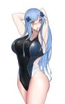  1girl armpits arms_behind_head arms_up bikini black_one-piece_swimsuit blue_one-piece_swimsuit blush breasts cleavage competition_swimsuit cross_hair_ornament facial_mark green_eyes hair_ornament highres hk416_(girls&#039;_frontline) large_breasts long_hair looking_at_viewer one-piece_swimsuit simple_background solo swavigg swimsuit teardrop teardrop_facial_mark teardrop_tattoo two-tone_one-piece_swimsuit two-tone_swimsuit 