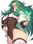  1girl abs breasts chiyu_mahou_no_machigatta_tsukaikata contrapposto fumio_(rsqkr) glowing glowing_hand green_hair hair_over_one_eye hand_on_own_hip highres large_breasts leotard lips long_hair magic parted_lips red_eyes rose_(chiyu_mahou) sidelocks thighhighs white_thighhighs 