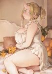  1girl :/ arms_under_breasts bare_arms bare_legs barefoot bed blonde_hair breasts closed_mouth curvy dress flower foot_out_of_frame frilled_dress frills from_side green_eyes head_tilt highres horns huge_breasts indoors leaning_to_the_side legs light_blush looking_at_viewer nashidrop on_bed original parted_bangs petals pillow plant plump pointy_ears ponytail potted_plant short_dress short_eyebrows short_hair short_ponytail sidelocks single_horn sitting skin-covered_horns sleeveless sleeveless_dress thick_eyebrows thick_thighs thighs twitter_username white_dress yokozuwari 