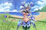  1girl absurdres beach black_panties blue_hair blue_sky breasts calmgreentori closed_mouth cloud cloudy_sky dark-skinned_female dark_skin eyepatch grass highres holding holding_polearm holding_weapon impossible_clothes large_breasts looking_at_viewer mountainous_horizon navel outdoors panties polearm praxis_(xenoblade) purple_eyes revealing_clothes sand sky smile solo stomach underwear water weapon xenoblade_chronicles_(series) xenoblade_chronicles_2 