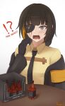  black_gloves black_jacket black_necktie brown_eyes brown_hair desk eyepatch girls&#039;_frontline gloves jack_daniel&#039;s jacket long_hair looking_at_viewer m16a1_(girls&#039;_frontline) necktie off_shoulder open_mouth randgriz96 scar shirt simple_background solo sweat yellow_shirt 