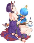  ankle_ribbon asakawa_(outeq) bangs bare_shoulders barefoot barefoot_sandals blunt_bangs blush commentary cup eating fate/grand_order fate_(series) food from_behind from_side fruit full_body gourd grapes head_tilt horns japanese_clothes jug liquor looking_at_viewer looking_back off_shoulder oni oni_horns purple_eyes purple_hair ribbon sakazuki short_hair shuten_douji_(fate/grand_order) simple_background sitting soles solo white_background yokozuwari 