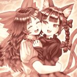  2girls :3 :d animal_ear_fluff animal_ears blunt_bangs bow braid cat_ears cat_tail cheek_press closed_eyes commentary_request dated extra_ears fang greyscale hair_bow hug kaenbyou_rin long_hair looking_at_viewer monochrome multiple_girls multiple_tails nokimenayu open_mouth pointy_ears reiuji_utsuho short_sleeves side_braids smile tail touhou twin_braids two_tails upper_body 