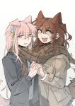  2girls black_jacket blue_eyes blush bocchi_the_rock! bright_pupils brown_coat brown_scarf chinese_commentary coat commentary_request cube_hair_ornament dog_girl dog_tail gotoh_hitori green_eyes hair_ornament highres holding_hands interlocked_fingers jacket kemonomimi_mode kita_ikuyo long_hair looking_at_viewer multiple_girls one_side_up open_mouth parted_lips pink_hair plaid plaid_scarf red_hair scarf shared_clothes shared_scarf simple_background smile sweatdrop tail upper_body white_background white_pupils yanlingjinshilihuahua yuri 