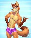  anthro bulge canid canine clothed clothing eyewear glasses looking_at_viewer male mammal muscular muscular_male nipples smile solo standing topless underwear vallhund 