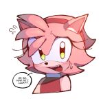  1girl amy_rose animal_ears blush english_text furry furry_female green_eyes hairband highres kumo_zd looking_at_viewer open_mouth pink_fur portrait red_hairband simple_background sleeveless solo sonic_(series) speech_bubble sweat white_background 