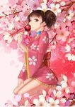  absurdres bangs blush brown_hair candy_apple ccjn cherry_blossoms choker commentary_request floral_print food hair_ribbon highres japanese_clothes kimono koutetsujou_no_kabaneri long_sleeves looking_at_viewer mumei_(kabaneri) open_mouth red_eyes ribbon ribbon_choker sash seiza short_hair short_kimono sitting solo tree twintails 
