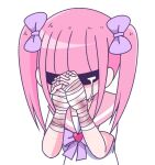  1girl bandages blood blood_on_bandages blunt_bangs bow crying ezaki_bisuko hair_bow heart hexagram jewelry menhera-chan_(ezaki_bisuko) menhera-chan_(ezaki_bisuko)_(character) necklace official_art own_hands_together pink_hair pink_sailor_collar purple_bow purple_outline sailor_collar school_uniform self-harm_scar serafuku shaded_face short_sleeves sidelocks simple_background solo star_of_david tears twintails upper_body white_background white_serafuku 