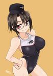  2016 artist_name bangs black_hat breasts brown_hair closed_mouth clothes_writing collarbone competition_swimsuit cowboy_shot dated eyebrows eyebrows_visible_through_hair garrison_cap glasses hair_between_eyes hand_on_hip hat highleg highleg_swimsuit highres large_breasts looking_at_viewer one-piece_swimsuit original print_swimsuit red_eyes semi-rimless_eyewear shiny shiny_skin short_hair simple_background smile solo swimsuit tank_print tokihama_jirou toraichi_kyouko under-rim_eyewear white-framed_eyewear yellow_background 