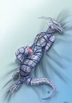 absurd_res anthro bdsm blue_rope bondage bound claws digital_media_(artwork) digital_painting_(artwork) dragon erection european_mythology fin genitals hi_res horn long_tail looking_at_viewer lying male mythological_creature mythological_scalie mythology on_back penis ponynok restraints rope rope_bondage rope_harness scales scalie solo tail western_dragon white_body white_scales