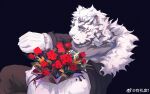  1boy animal_ears arknights artist_request bara black_background bouquet facial_hair feet_out_of_frame flower from_above furry furry_male goatee highres holding holding_bouquet large_pectorals light_smile looking_at_viewer male_focus mountain_(arknights) muscular muscular_male pectorals rose scar scar_across_eye short_hair sitting solo suit thick_eyebrows tiger_boy tiger_ears white_hair 
