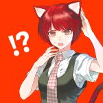  !? 1girl :o animal_ears bad_id bad_twitter_id breast_pocket breasts brown_eyes cat_ears cat_girl cat_tail close-up commentary confused danganronpa_(series) danganronpa_2:_goodbye_despair dress english_commentary eyelashes flying_sweatdrops freckles furrowed_brow gingham_necktie green_dress hand_on_own_head hand_to_head hand_up kemonomimi_mode koizumi_mahiru medium_breasts motion_lines necktie open_mouth orange_background pinafore_dress pocket portrait red_hair red_necktie short_hair short_sleeves simple_background sleeveless sleeveless_dress solo surprised sweatdrop tail teeth two-tone_necktie upper_body upper_teeth_only very_short_hair white_necktie zakki 