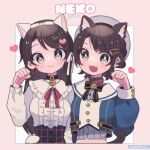  2girls :3 animal_ears blue_eyes blush brown_hair cat_ears cat_tail closed_mouth dated fake_animal_ears fang hair_ornament hairclip heart highres hololive kingyo_(g-fish) long_hair long_sleeves multiple_girls oozora_subaru open_mouth short_hair smile tail virtual_youtuber 