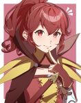  1girl anna_(fire_emblem) border cape dress fingerless_gloves fingernails fire_emblem fire_emblem_awakening gloves gmais2514 hair_between_eyes highres index_finger_raised long_hair looking_at_viewer mixed-language_commentary outside_border ponytail red_border red_cape red_dress red_eyes red_gloves red_hair sidelocks smile solo sword two-tone_dress wavy_hair weapon white_border yellow_dress 
