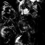  1girl abstract abstract_background black_background black_eyes black_hair breasts cryinggsilence highres large_breasts light_smile long_hair looking_at_viewer monochrome original smoke upper_body 